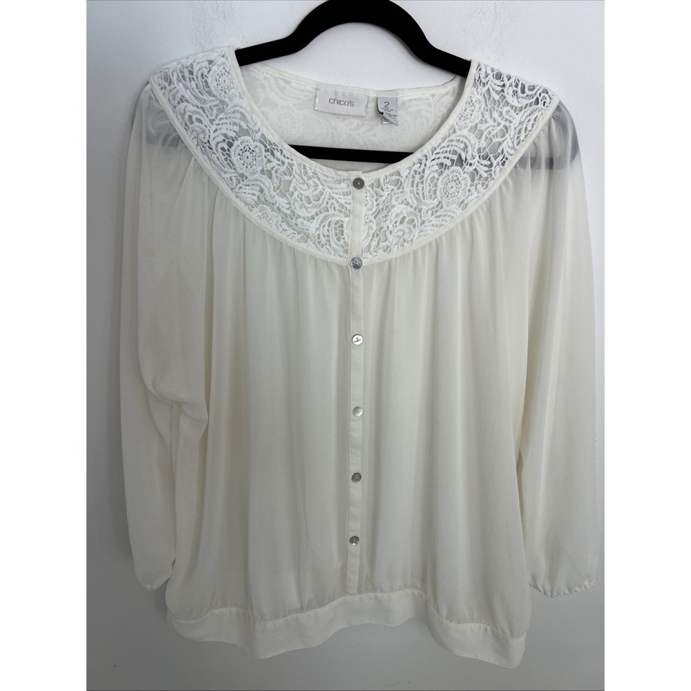 Chico's Women's Ivory Blouse Embroidered Sheer Long Sleeve Light Weight
